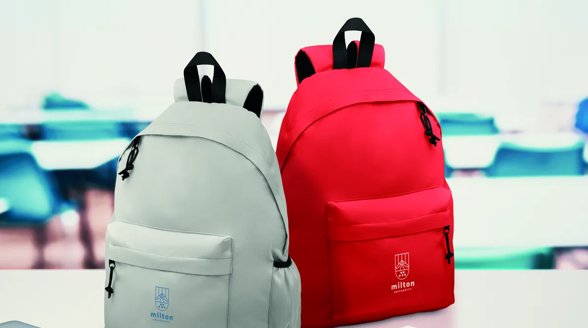 Deux sacs à dos marqués, blanc et rouge, posés dans une salle lumineuse.
