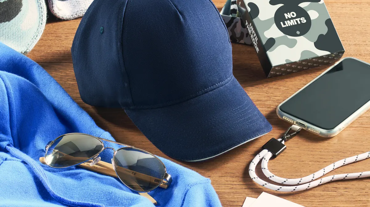 Casquette, lunettes de soleil et téléphone posés sur une table en bois.